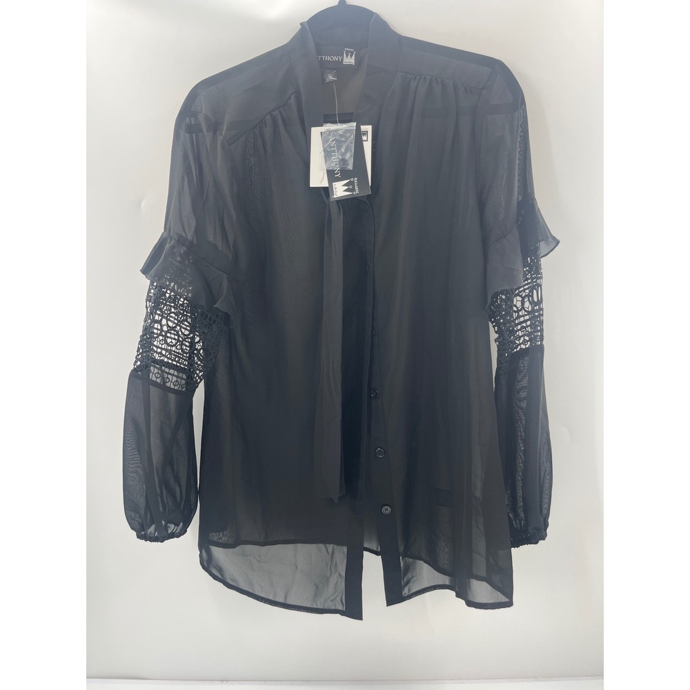 Antthony Originals Black Sheer Tie Neck Blouse Crochet Lace Sleeve Womens Medium